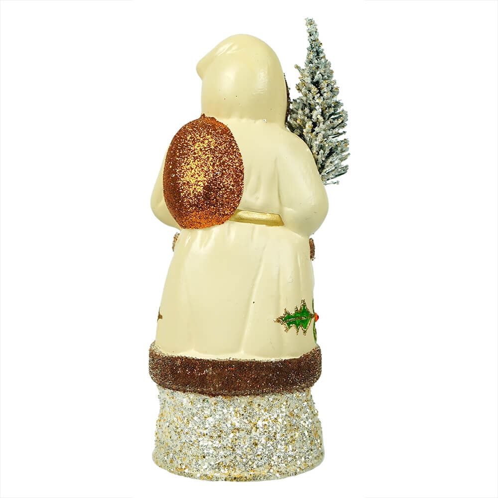 Holly Covered Cream Coat Santa with Tree