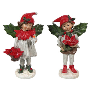 Two hand-painted holly elf figure set with red hats green wings holding poinsettias in a festive girl figures set