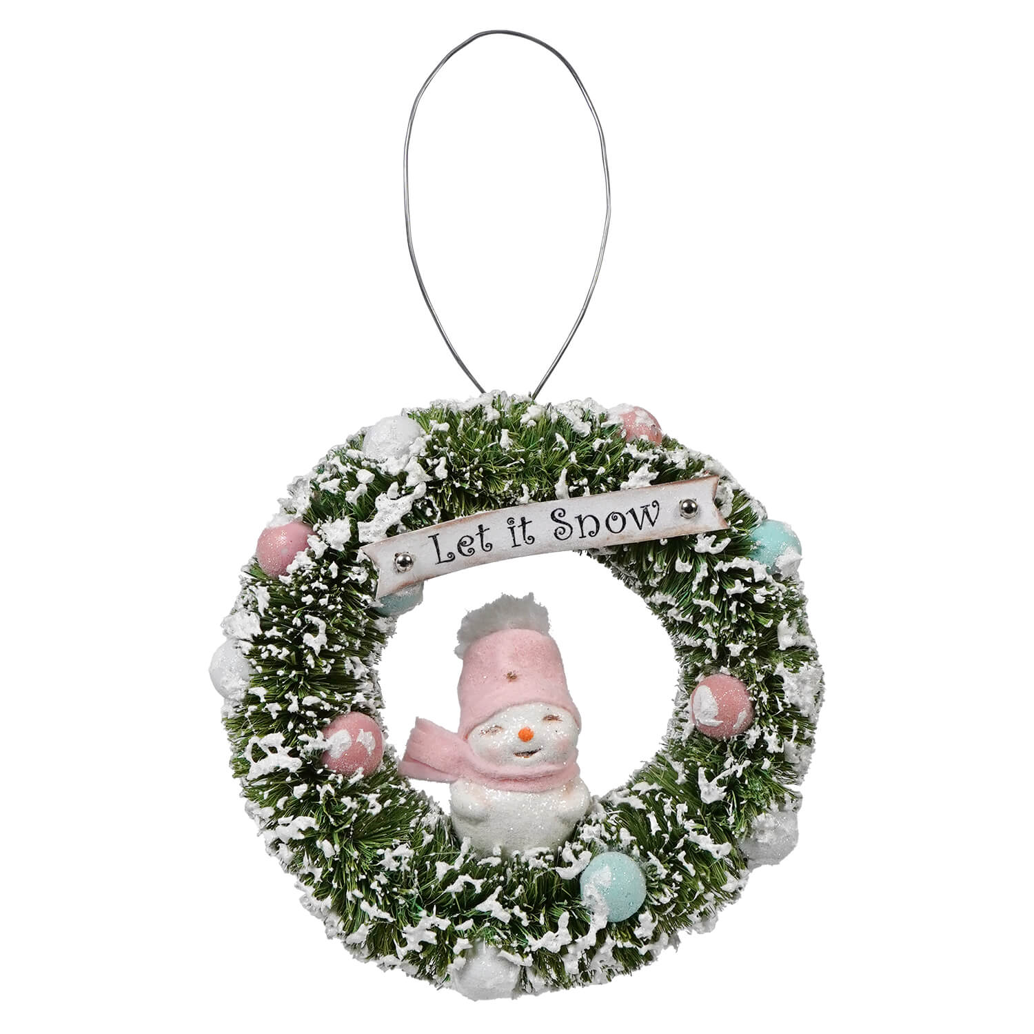 Holiday wreath with a snowman face and ’Let it Snow’ banner decorated with pastel ornaments and faux snow.