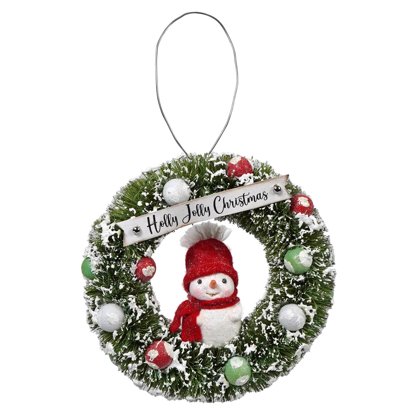 Festive Christmas wreath decorated with a snowman figure, ornaments, and ’Holly Jolly Christmas’ banner.