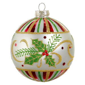 White glass holly leaf ball ornament with red green stripes gold glitter perfect for traditional vintage christmas ornaments