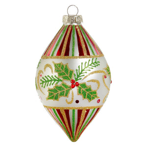 Holly leaf finial ornament with red green and white striped holly design perfect for holiday decoration