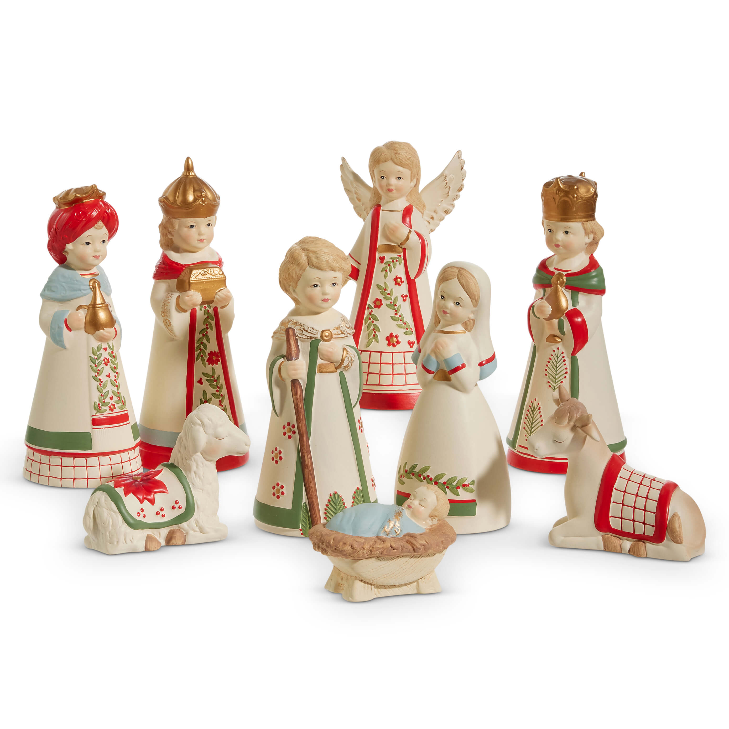 Nativity scene figurine set with stylized ceramic characters and animals.