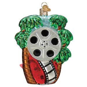 Glass christmas ornament shaped like a film reel with green palm trees and red ribbon hollywood walk of fame ornament