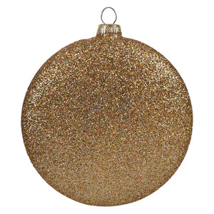 A round gold glitter holy family nativity glass disc ornament with metallic cap and hanging loop