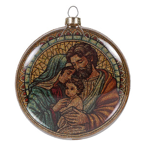 Holy family nativity glass disc ornament with stained glass style, gold glitter accents, and intricate mosaic borders