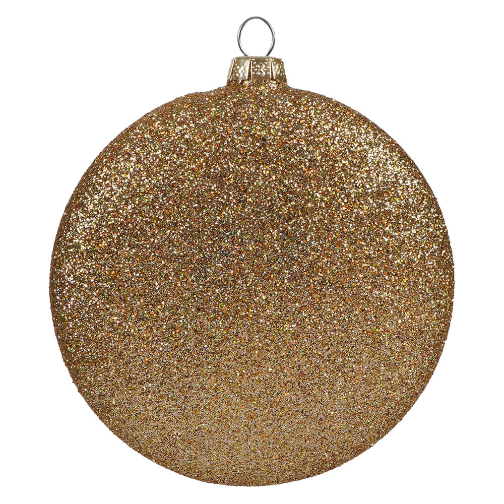 A round gold glitter holy family nativity glass disc ornament with metallic cap and hanging loop
