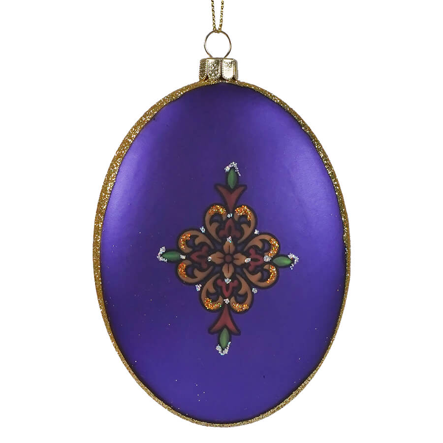 Holy family oval glass ornament purple kurt adler ornament with gold glitter trim and brown green floral design