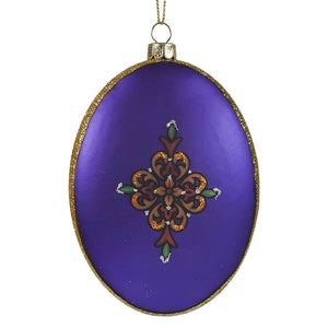 Holy family oval glass ornament purple kurt adler ornament with gold glitter trim and brown green floral design