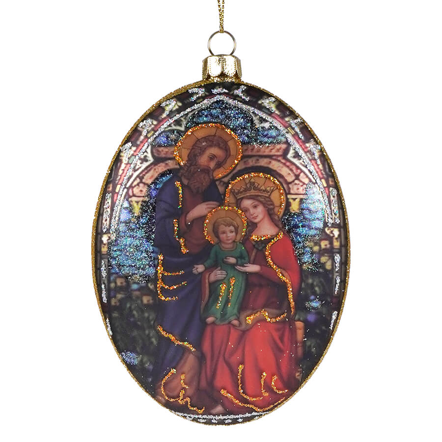 Holy family oval glass ornament by kurt adler featuring a painted holy family scene on a festive glass ornament
