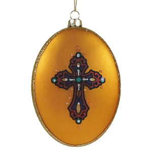 Golden oval glass ornament with ornate cross in purple and teal rhinestones holy family ornament by kurt adler