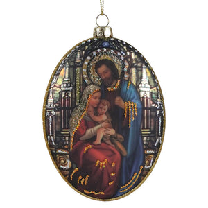Holy family oval glass ornament by kurt adler featuring a colorful depiction of the holy family for christmas