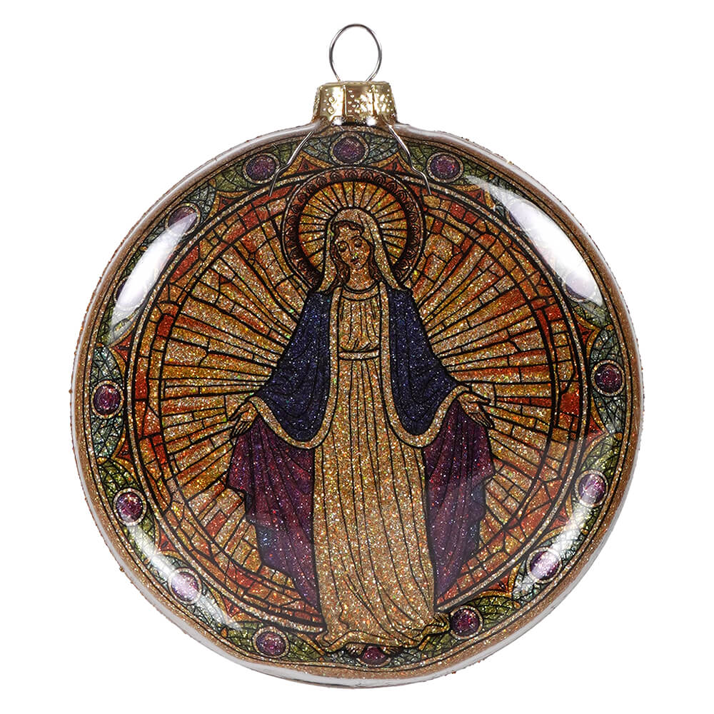 A circular glass disc ornament featuring holy mother mary nativity in stained glass style with gold and purple accents