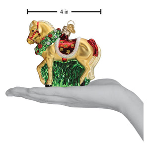 Golden glass clydesdale ornament with red green holiday wreath and festive saddle figural decor for seasonal display