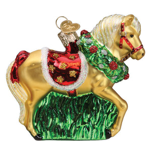 Golden glass holiday clydesdale ornament with glittery mane wreath and festive red and green saddle figural decor