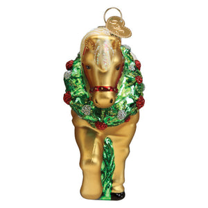 Golden glass clydesdale ornament with festive green wreath and red silver embellishments perfect holiday figural decor