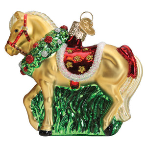 Golden glass holiday clydesdale ornament with red green wreath and glittery mane saddle figural decor
