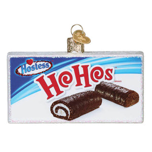 Hostess hohos box ornament with glittery silver edges and gold keychain christmas glass ornament detail