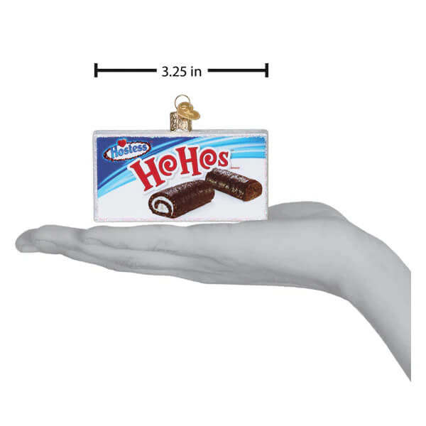 A hostess hohos box ornament featuring a glossy miniature chocolate roll cake design in red blue and white for christmas glass ornament use