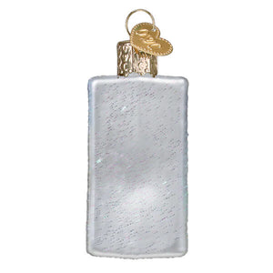 Silver glittery christmas glass ornament with gold heart tag and clasp from hostess hohos box hoho’s box ornament