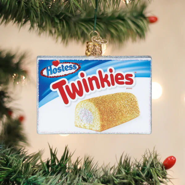 A glittery glass hostess twinkies twinkies box ornament in red and blue perfect as a christmas glass ornament
