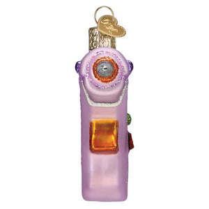 Lavender glass vintage camera hot glue gun ornament with orange lens and purple accents christmas glass ornament