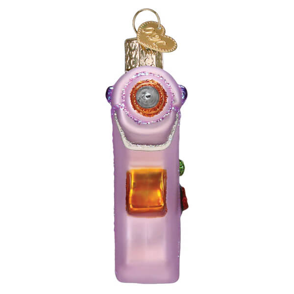 Lavender glass vintage camera hot glue gun ornament with orange lens and purple accents christmas glass ornament