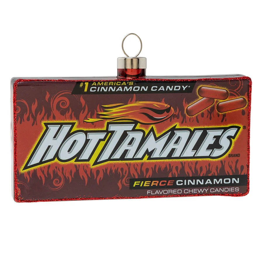 Hot tamales box ornament shaped like a red spicy candy box perfect for holiday decorating