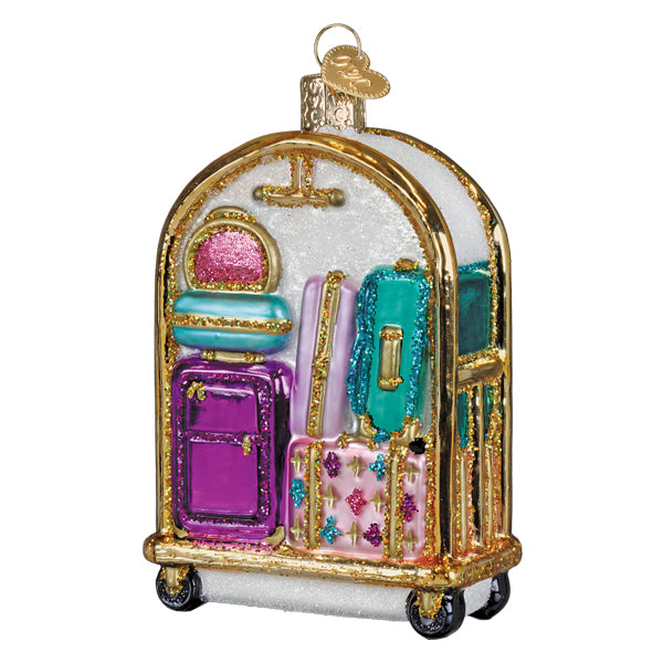 Hotel luggage cart ornament with glittering glass, gold trim, and colorful suitcase ornament figural decor for world christmas