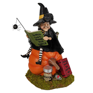 A whimsical bethany lowe witch figurine with a black hat reading a book atop an orange pumpkin with halloween decor