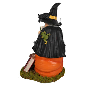 A black witch figurine by bethany lowe designs with a yellow-trimmed hat sitting on a pumpkin base with a frog and book for black cat fans