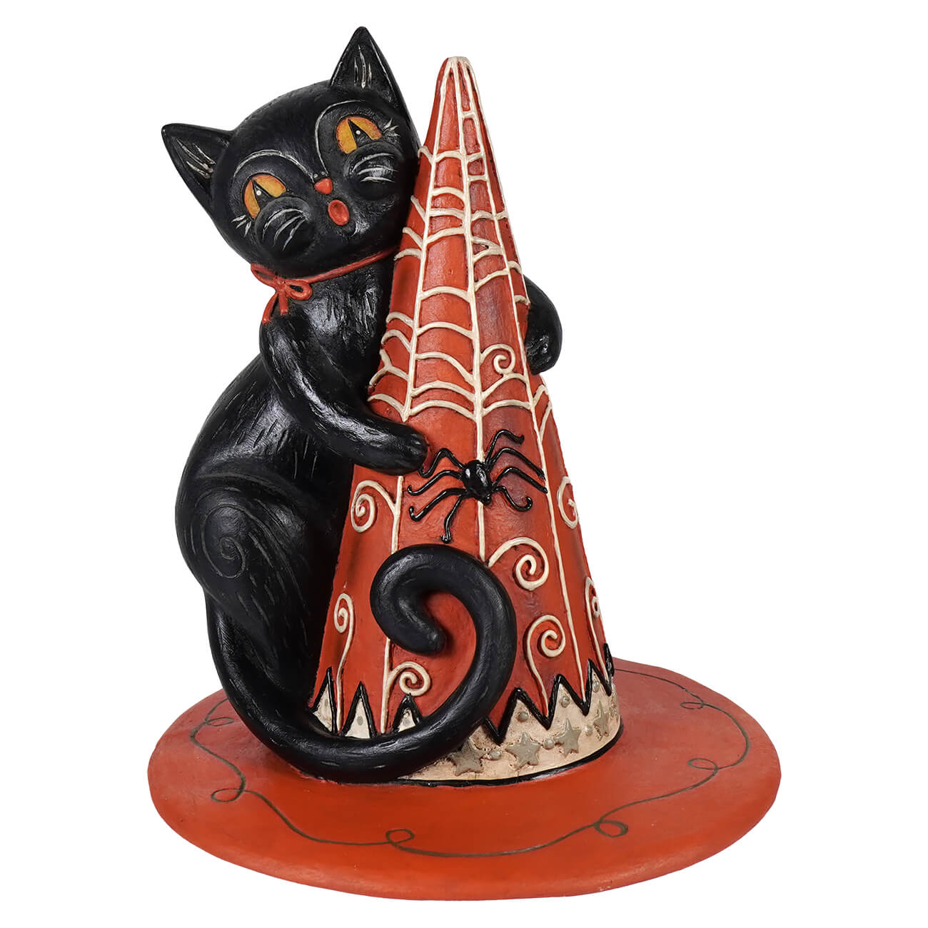 Halloween black cat figurine hugga-hat jack cat wearing a spiderweb hat with jack o lantern theme