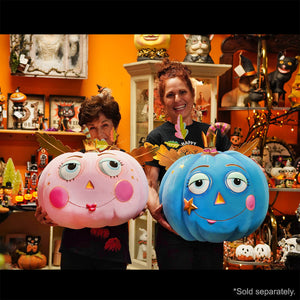 Cute hugourd blue pumpkin pixie display with pink and blue glitterville pumpkins featuring wings and rosy cheeks perfect for halloween pumpkin decor