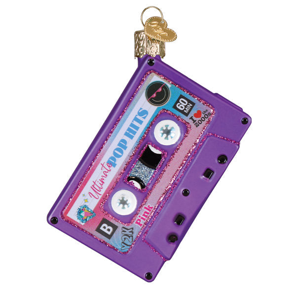 Purple glittery cassette tape christmas glass ornament with gold heart keychain perfect 00s ornament gift