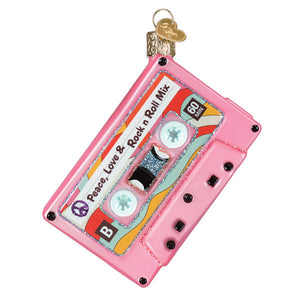 Pink glass cassette tape ornament with glittery label and gold heart loop from world christmas glass musical artist ornaments