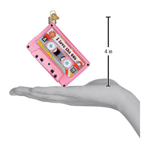 Pink glass cassette tape ornament with i love the 60s print perfect world christmas glass musical artists ornament