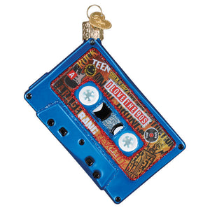 Blue glass cassette tape christmas glass ornament with glittery red and gold i love the 90s label for world christmas glass