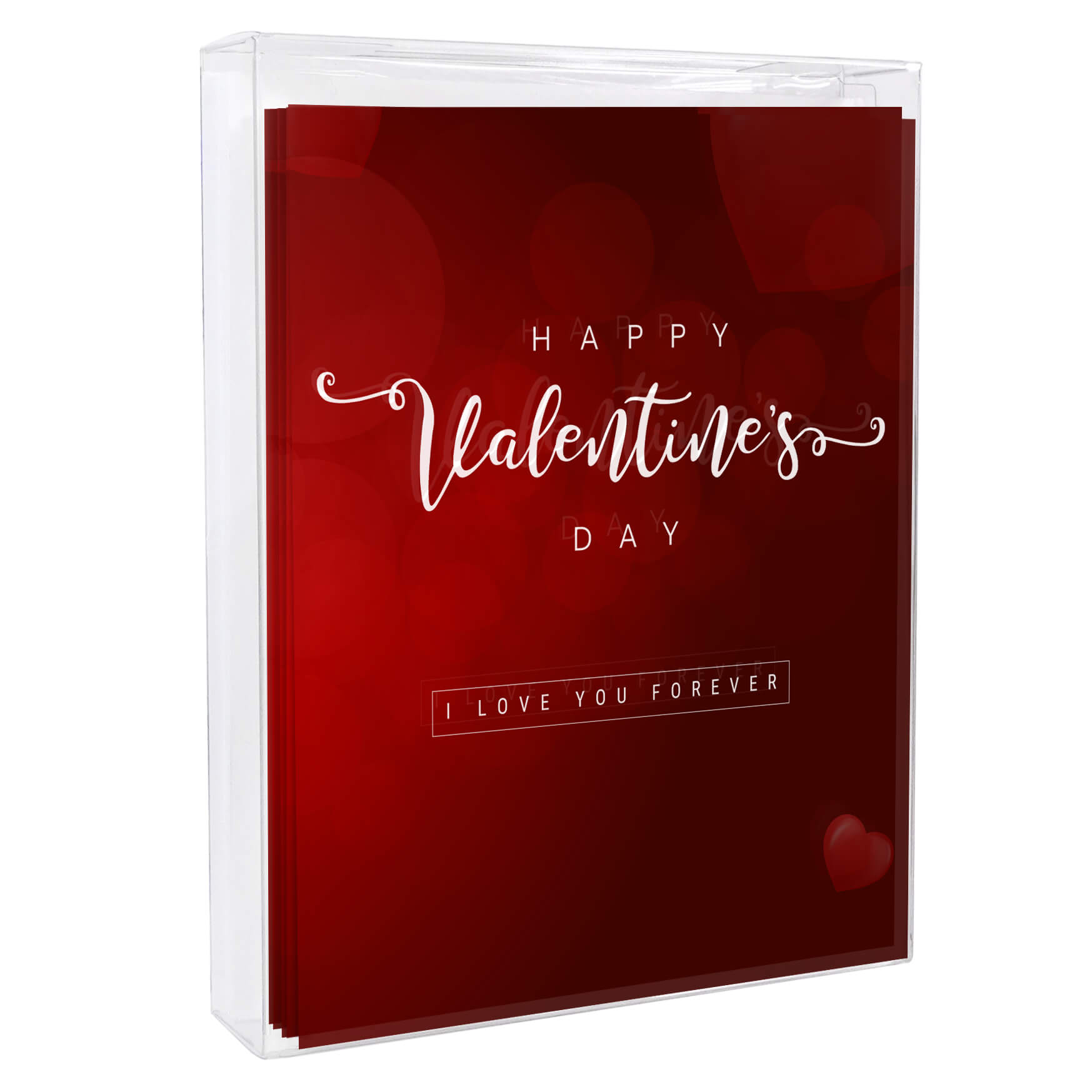 Red Valentine’s Day greeting card with white cursive text.