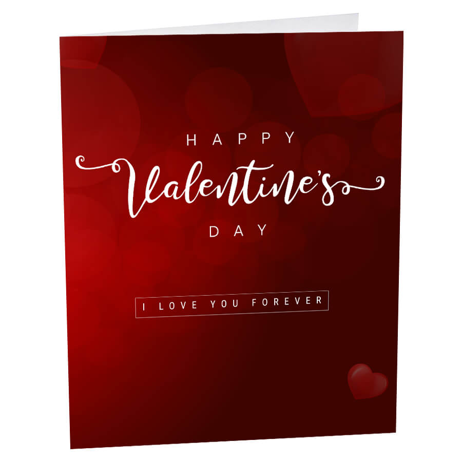 Red Valentine’s Day greeting card with white script lettering and ’I love you forever’ text.