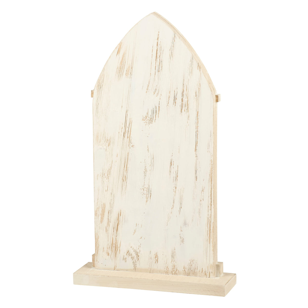 A rustic white wooden skeleton chunky sitter tombstone with distressed finish and natural wood grain visible
