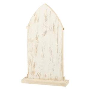 A rustic white wooden skeleton chunky sitter tombstone with distressed finish and natural wood grain visible