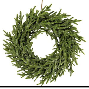 Green artificial pine christmas wreath with frosted glittery finish perfect for santa postcard wreaths by annie schickel