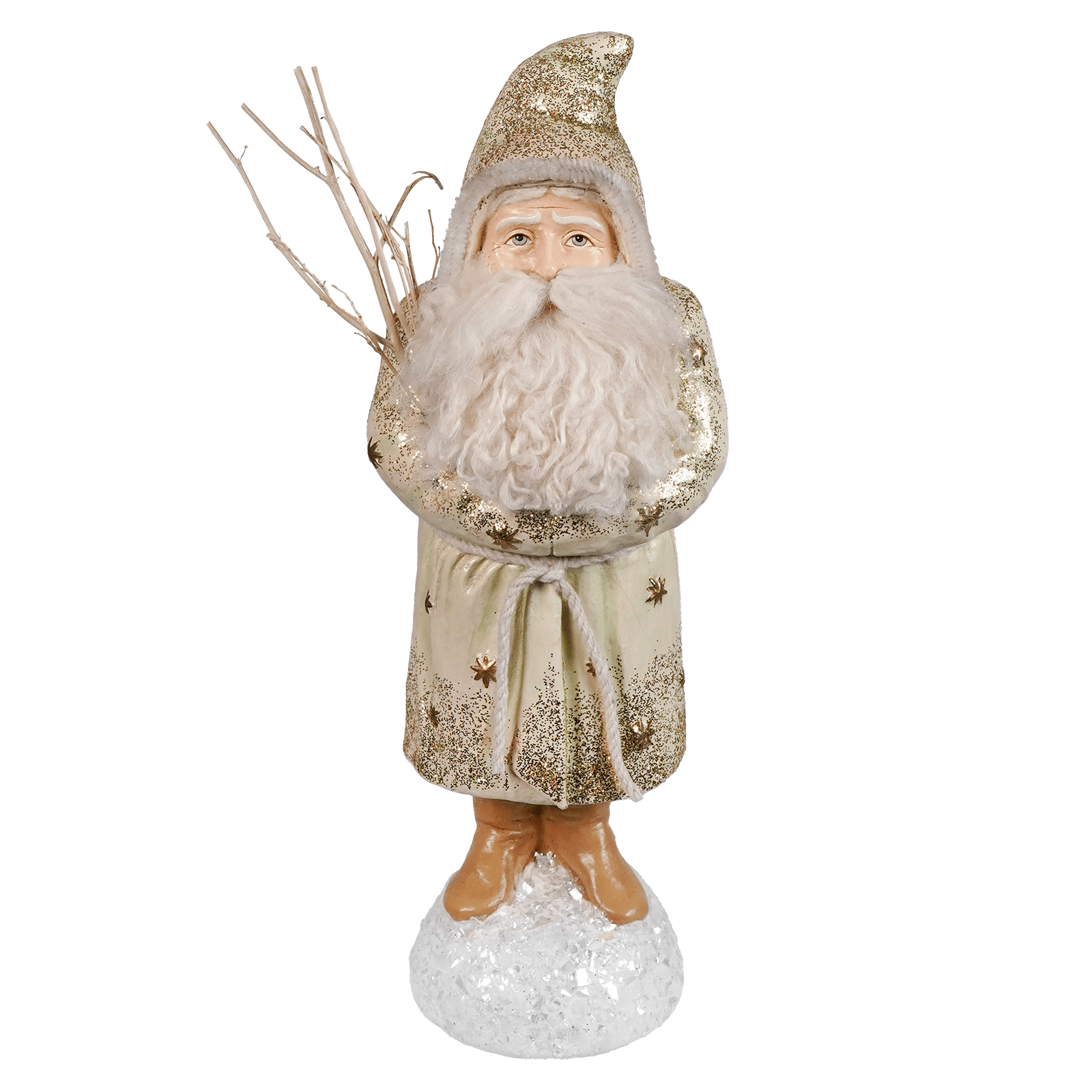 A glittery gold and cream ice blue belsnickle santa figure with a long white beard holding branches on a frosted base