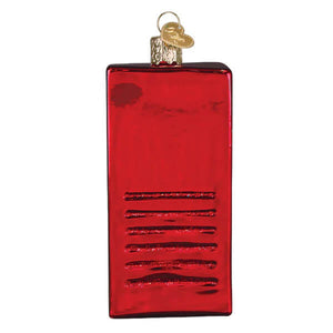 Red glass icee machine ornament shaped like vintage fire extinguisher with gold cap and heart-shaped tag