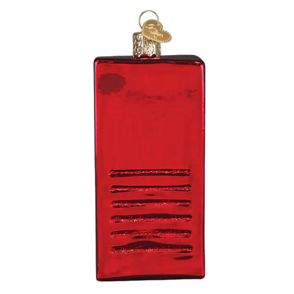 Red glass icee machine ornament shaped like vintage fire extinguisher with gold cap and heart-shaped tag