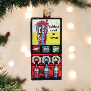 Colorful glass icee machine ornament shaped like vintage soda fountain with red and blue striped drink cups