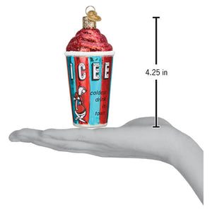 Icee ornament red and blue glass cup with glittery pink swirl top and coldest drink in town text drink ornament