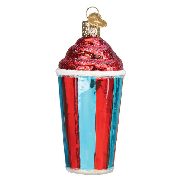 A red and blue striped glass icee ornament with glittery pink frosting top perfect as a food or drink ornament