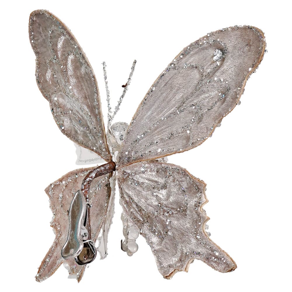 Icy Platinum Glittered & Jeweled Butterfly Clip Ornament