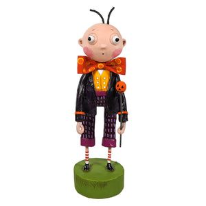 A whimsical lori mitchell halloween figurine named igor featuring a bald boy with antennae holding a pumpkin